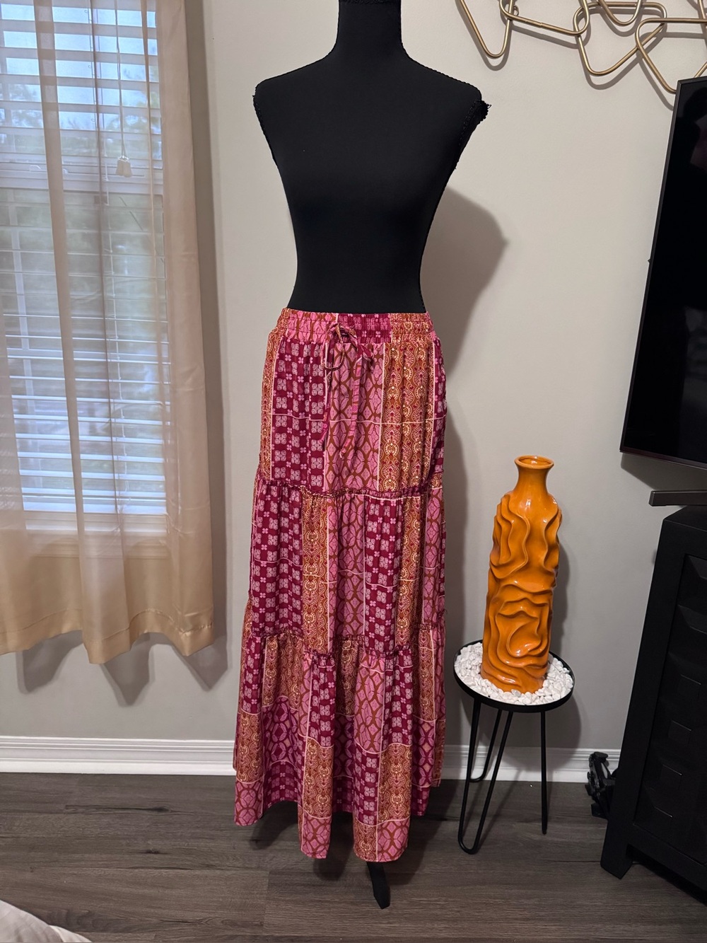 Source Unknown Pink and Rust Patchwork Tiered Maxi Skirt